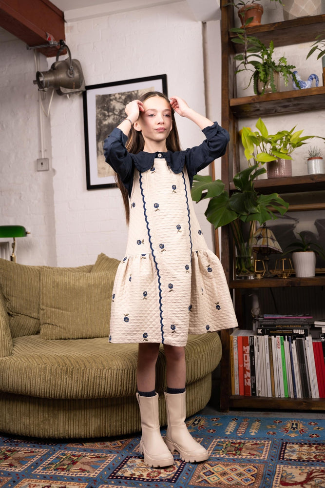 Girls Dress - Violetta Ivory Navy Roses - KOKORI Kids
