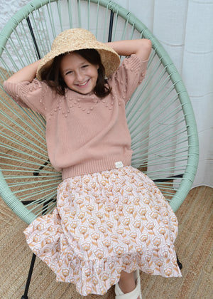 Girls Skirt, Ada Pink Cotton Flowers - KOKORI Kids